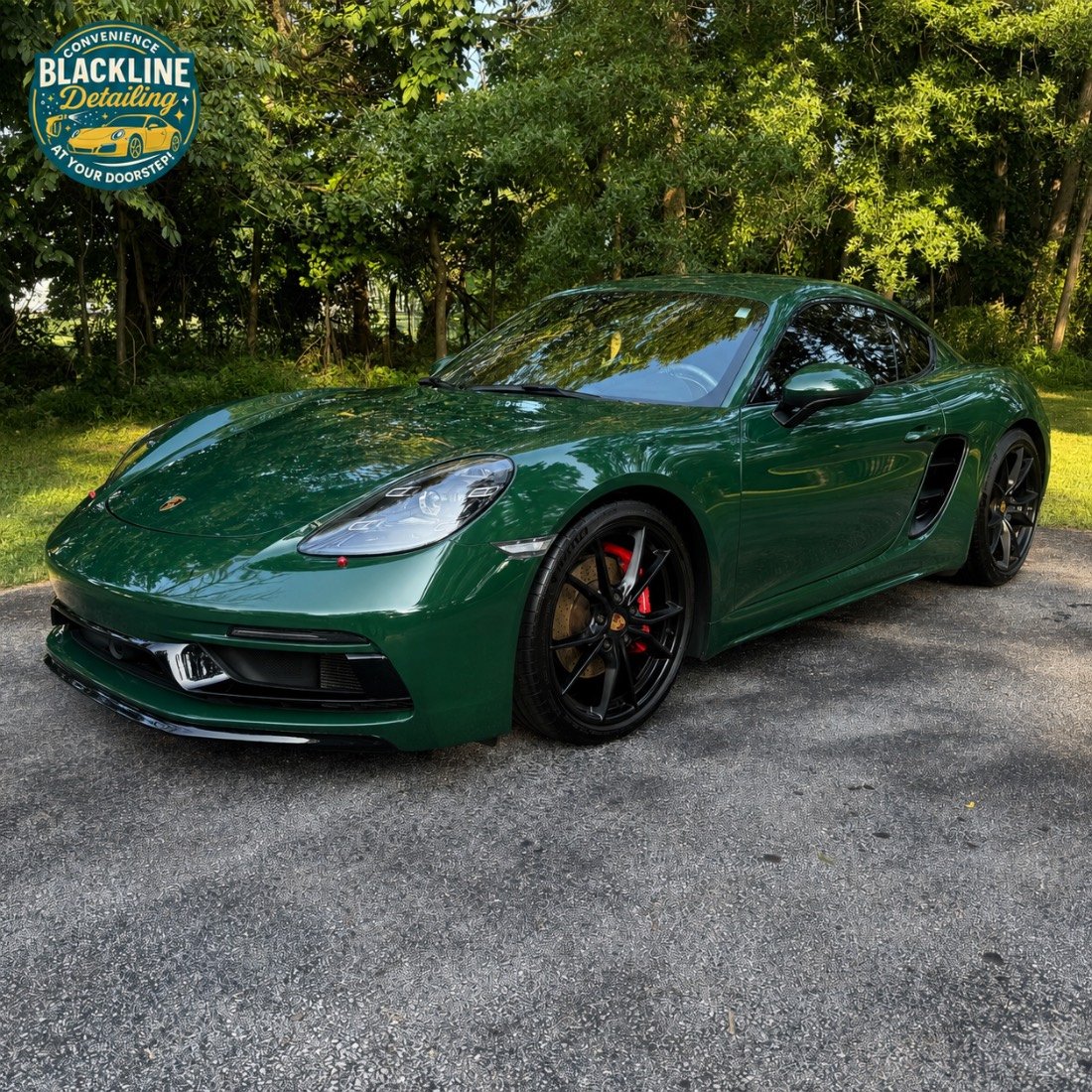 Green Porsche after an exterior wash and sealant, gloss on every panel